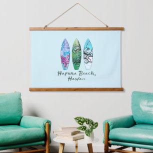 Hapuna Beach Hawaii Wasserfarbe Surfboards Wandteppich Mit Holzrahmen