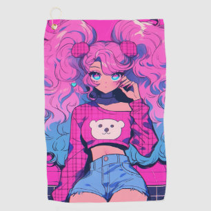 Harajuku Neon Kawaii Girl mit Twin Ponytails Golfhandtuch