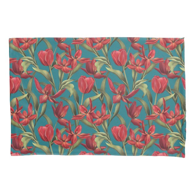 Harbour Blue Hintergrund mit Red Tulips Kissenbezug (Vorderseite)