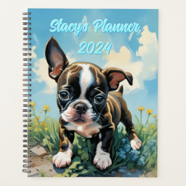 Hard Cover Customizable Boston Terrier 2024 Planer (Vorderseite)