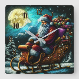 Hard Pastel Zeichne Weihnachten im Schlitten 2 Quadratische Wanduhr