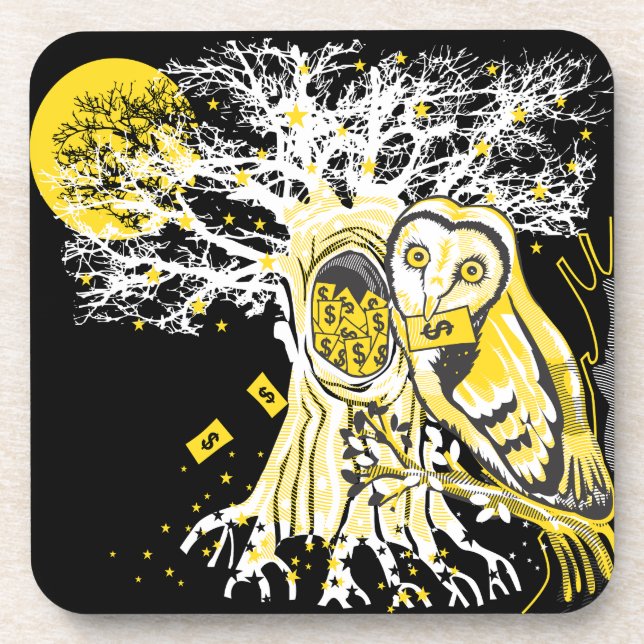 Hard Plastic Coaster – Urban Tree Owl & Wealth  Getränkeuntersetzer (Vorderseite)