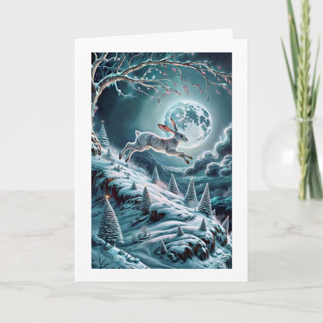"Hare Leaping Winter Scene Folded Grußkarte" Karte (Vorderseite)
