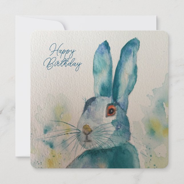 Hare Rabbit Aquarelle Bleu Carte Anniversaire (Devant)