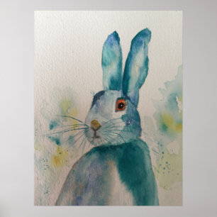 Hare Rabbit Watercolor Blue Poster
