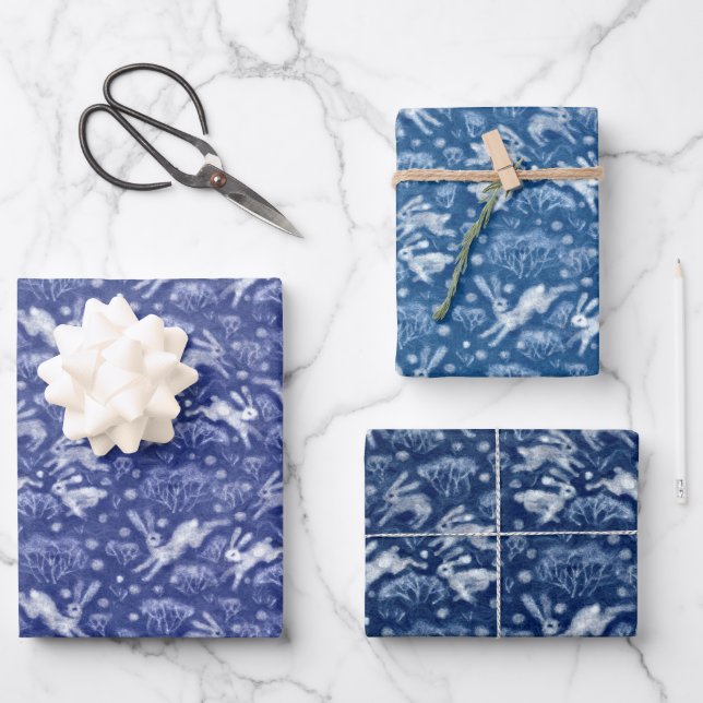 Hares Field Bunnies Kanbits Muster Blau Weiß Geschenkpapier Set (Vorderseite)