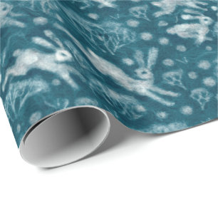 Hares Field Bunnies Kanbits Wintermuster Aquamarin Geschenkpapier
