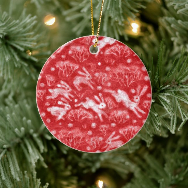 Hares Snow Field White Kanbits Winter Animals Red Keramik Ornament (Baum)
