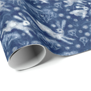 Hares Snow Field White Kanbits Wintermuster Blau Geschenkpapier