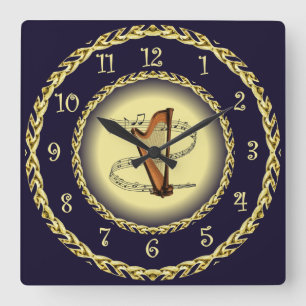 Harfe ~ Musikalische Scroll ~ Gold/Navy Blue ~ Quadratische Wanduhr