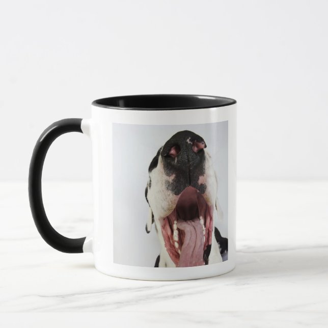 Harlekin-Deutsche Dogge mit offenem Mund, Tasse (Links)