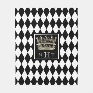 Harlekin-Kronen-Schwarzweiss-Diamant-Monogramm Fleecedecke