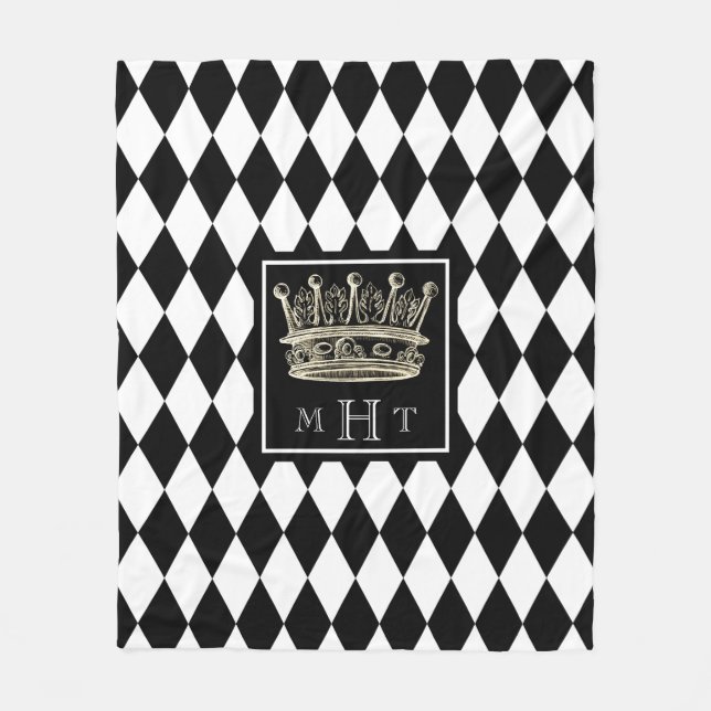 Harlekin-Kronen-Schwarzweiss-Diamant-Monogramm Fleecedecke (Vorderseite)
