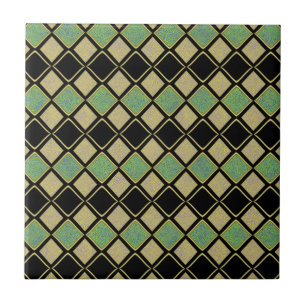 Harlekin-Muster in Gold, Grün und Schwarz Fliese