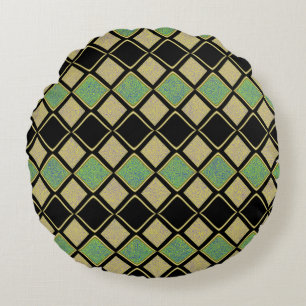 Harlekin-Muster in Gold, Grün und Schwarz Rundes Kissen