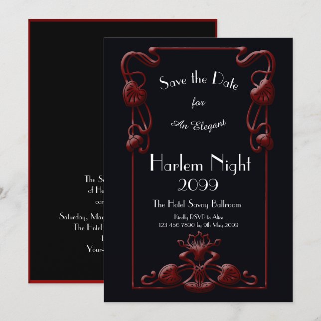 HARLEM Night, Black, RED, White, Floral, Art Deco Einladung (Vorne/Hinten)