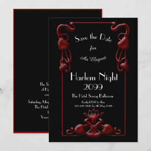 HARLEM Night, Black, RED, White, Floral, Art Deco Einladung