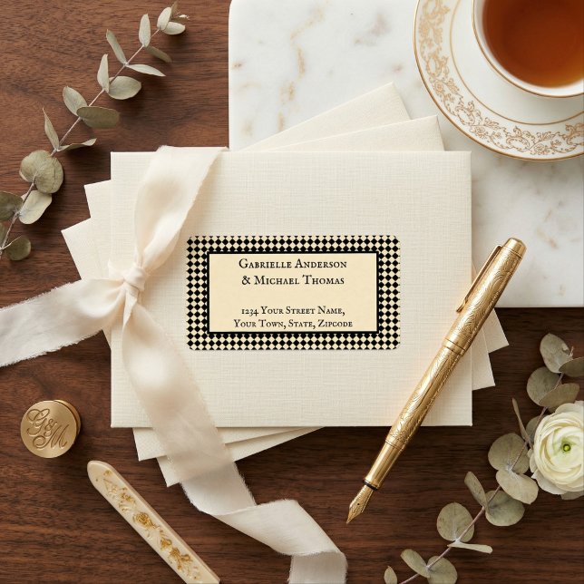 Harlequin Black Cream Text Border Address Labels Adressaufkleber (Von Creator hochgeladen)