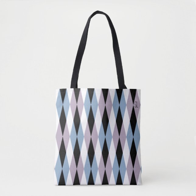 Harlequin Diamond Pattern - Blau und Dusty Lilac Tasche (Vorderseite)