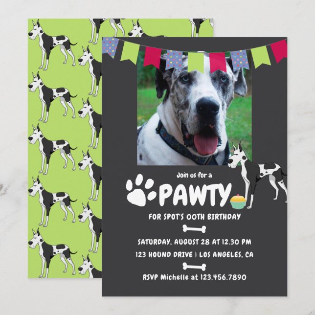 Harlequin Great Dane Birthday Foto Einladung (Vorne/Hinten)