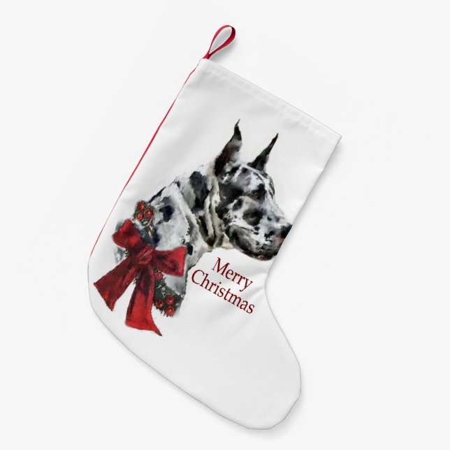 Harlequin Great Dane Frohe Weihnachten Kleiner Weihnachtsstrumpf (Vorderansicht (hängend))