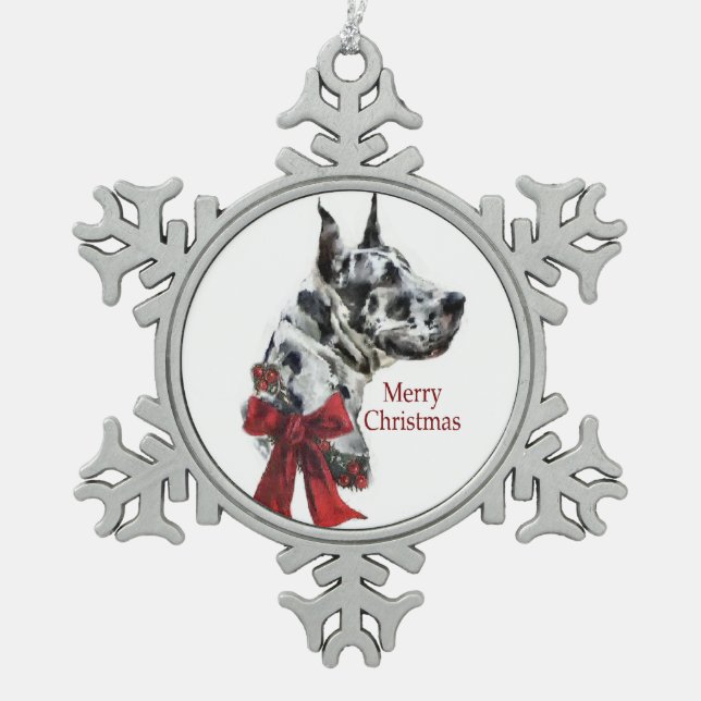 Harlequin Great Dane Weihnachten Schneeflocken Zinn-Ornament (Vorderseite)