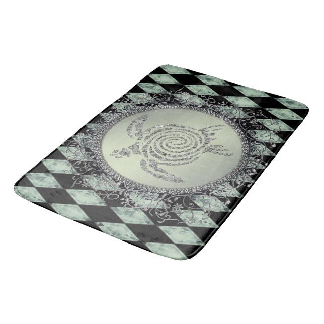 Harlequin Green und Silver Glitzer Sea Turtle Badematte (Schrägansicht)