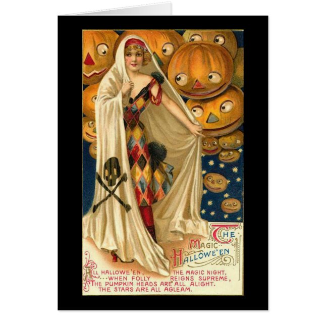 Harlequin Lady Vintag Halloween Grußkarte (Vorne)