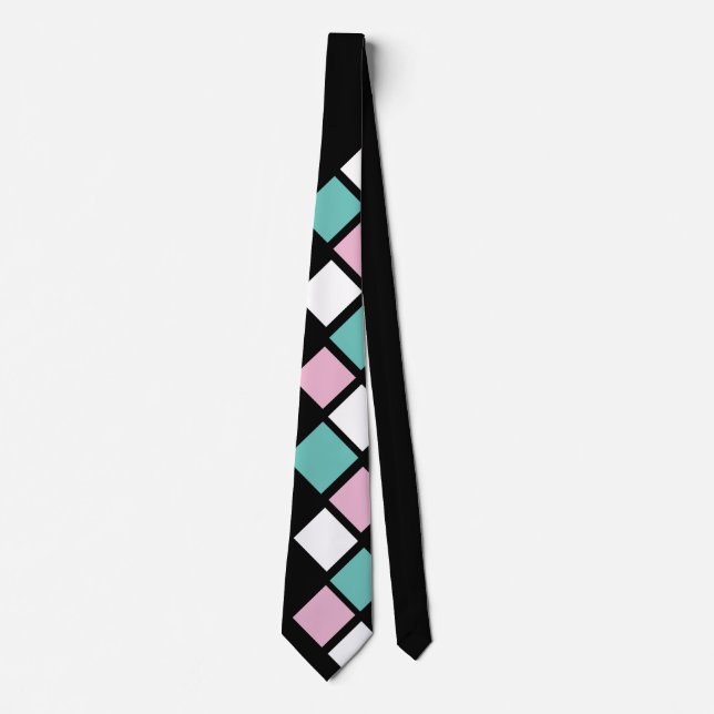Harlequin Neck Tie (Schwarz, Aqua & Pink) Krawatte (Vorderseite)