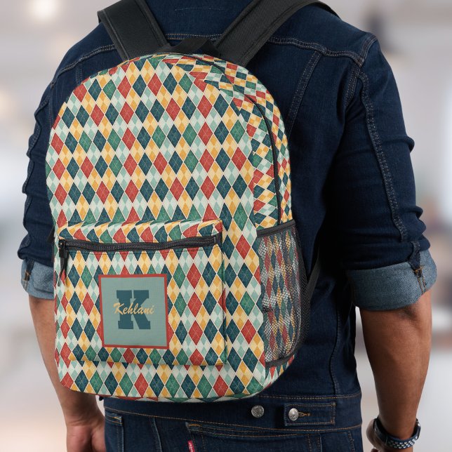 Harlequin Retro Red Gold Green Monogram Raute Bedruckter Rucksack (Von Creator hochgeladen)
