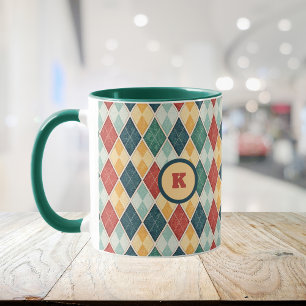 Harlequin Retro Rot Gold Grün Argyle Initiale Tasse