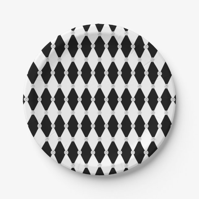 Harlequin Schwarz-weiß Rhombus Diamantform Pappteller (Vorderseite)