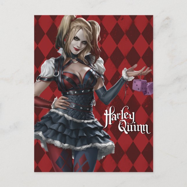 Harley Quinn mit Fuzzy Dice Postkarte (Vorderseite)