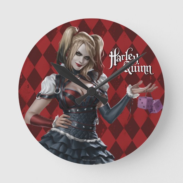 Harley Quinn mit Fuzzy Dice Runde Wanduhr (Vorderseite)