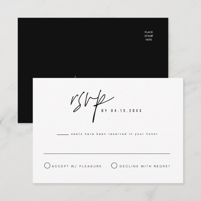 HARLOW Moderne, Schwarz-weiße RSVP-Karte Einladung (Vorne/Hinten)