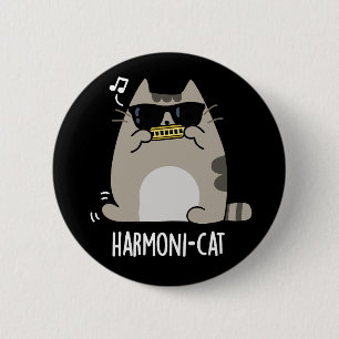Harmoni-cat Funny Harmonica Cat Pun Dark BG Button