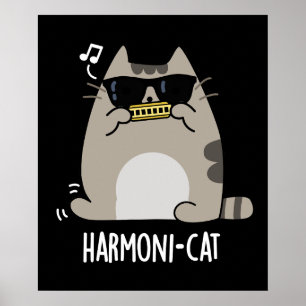 Harmoni-cat Funny Harmonica Cat Pun Dark BG Poster