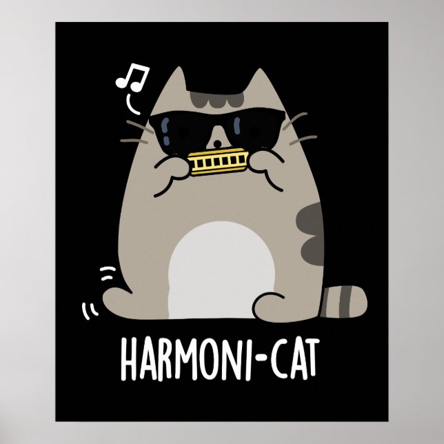 Harmoni-cat Funny Harmonica Cat Pun Dark BG Poster (Vorne)