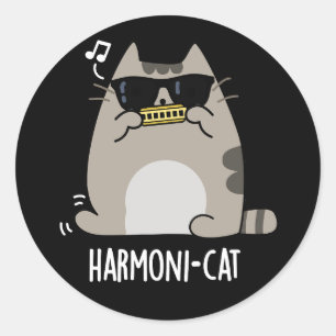 Harmoni-cat Funny Harmonica Cat Pun Dark BG Runder Aufkleber