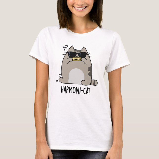 Harmoni-cat Funny Harmonica Cat Pun T-Shirt (Vorderseite)