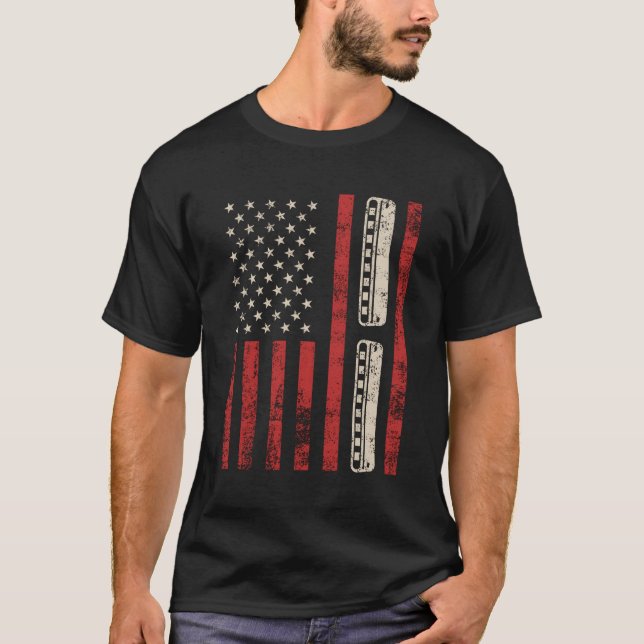 Harmonica American Flag Patriotic Harmonica Player T-Shirt (Vorderseite)