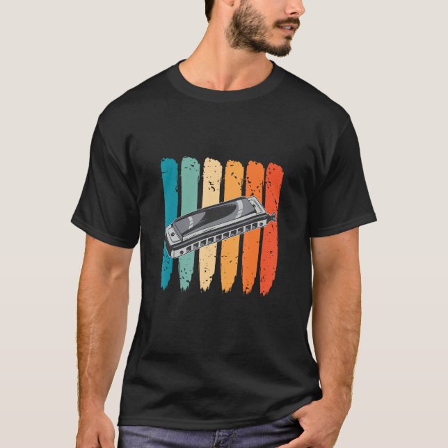 Harmonica Instrument Retro French Harp Player Blue T-Shirt (Vorderseite)