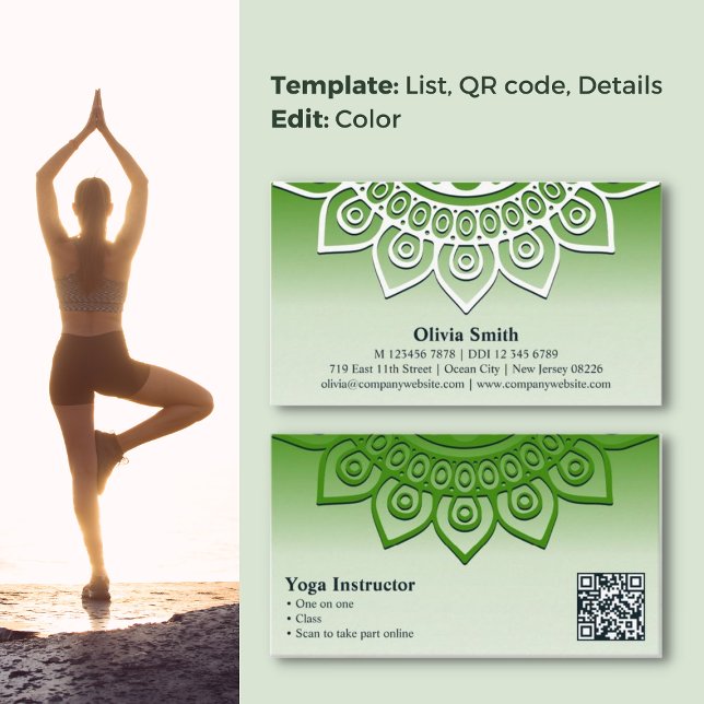 Harmonie en vert Mandala Design Yoga Carte de visi (Harmony in Green Mandala Design Yoga Business Card, Service List, QR code)