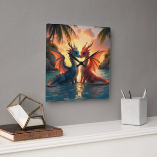 Harmony of Elements: Loving Dragons and a Sea Suns Quadratische Wanduhr