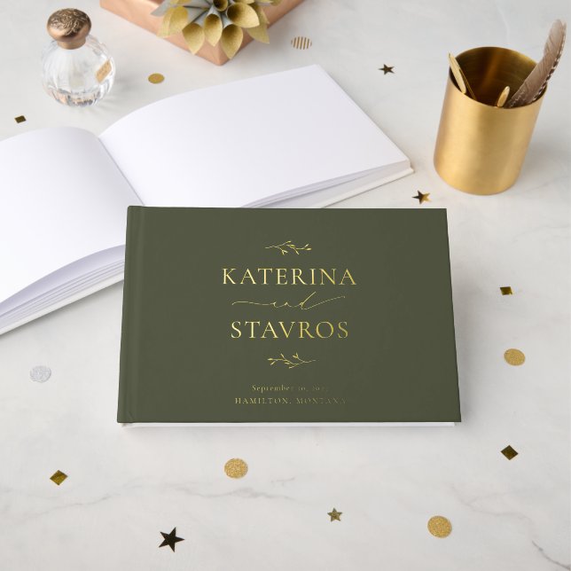 HARMONY Olive Green Moderne Hochzeit Gästebuch (Vorderseite Offen)
