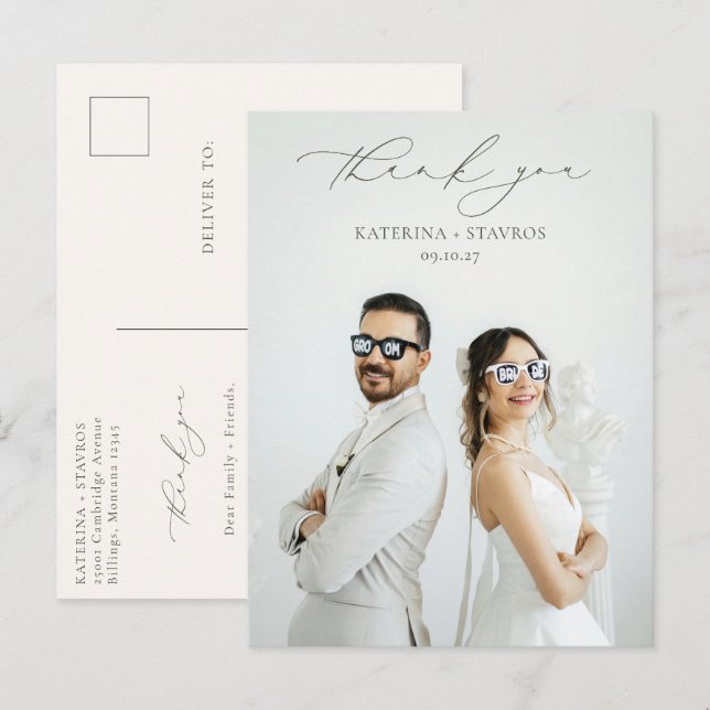 HARMONY Olive Green Script Wedding Foto Vielen Dan Postkarte (Vorne/Hinten)