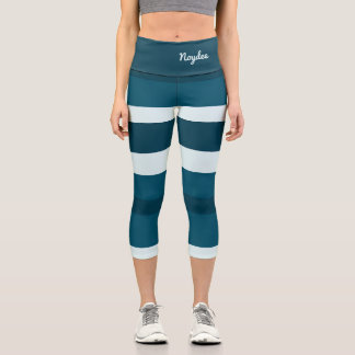 Harmony Stripes Horizontal Lines Sea Blue White Capri Leggings