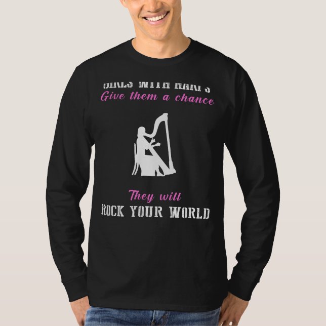 Harmony Unleashed: Mädchen mit Harps Rock T-Shirt (Vorderseite)