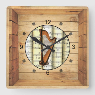 Harp ~ 3 Dimensionen ~ Folk Art Box ~ Quadratische Wanduhr