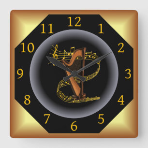 Harp ~ G clef ~ Musikalischer Swirl ~ Spotlight ~* Quadratische Wanduhr